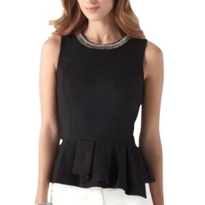 WHBM Black Ponte Knit Beaded Neckline Sleeveless Peplum Top Size 6